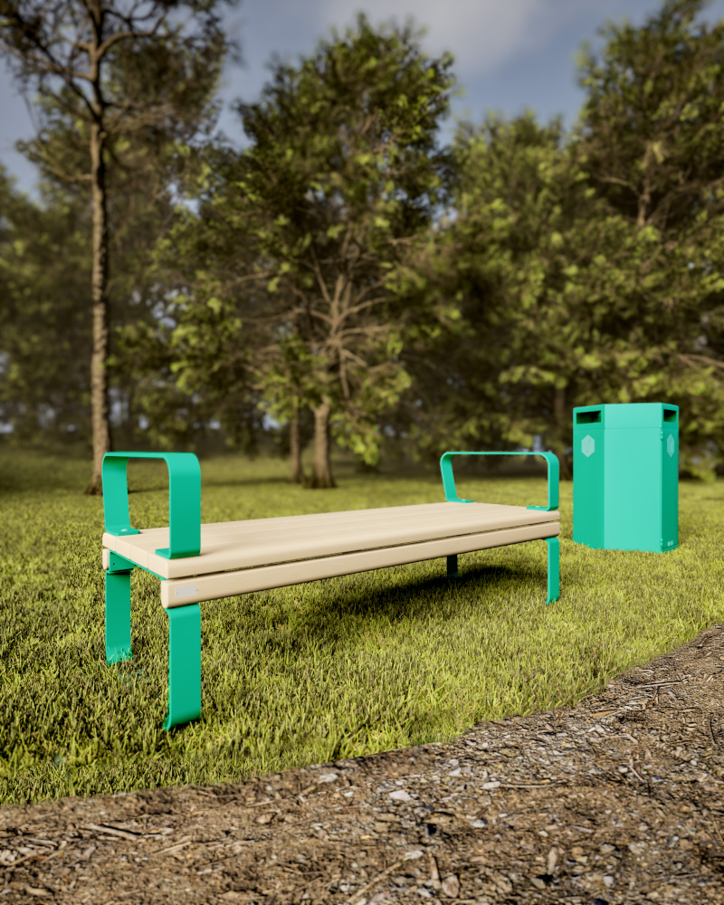 A render of the Rosenlund bench in a green park.